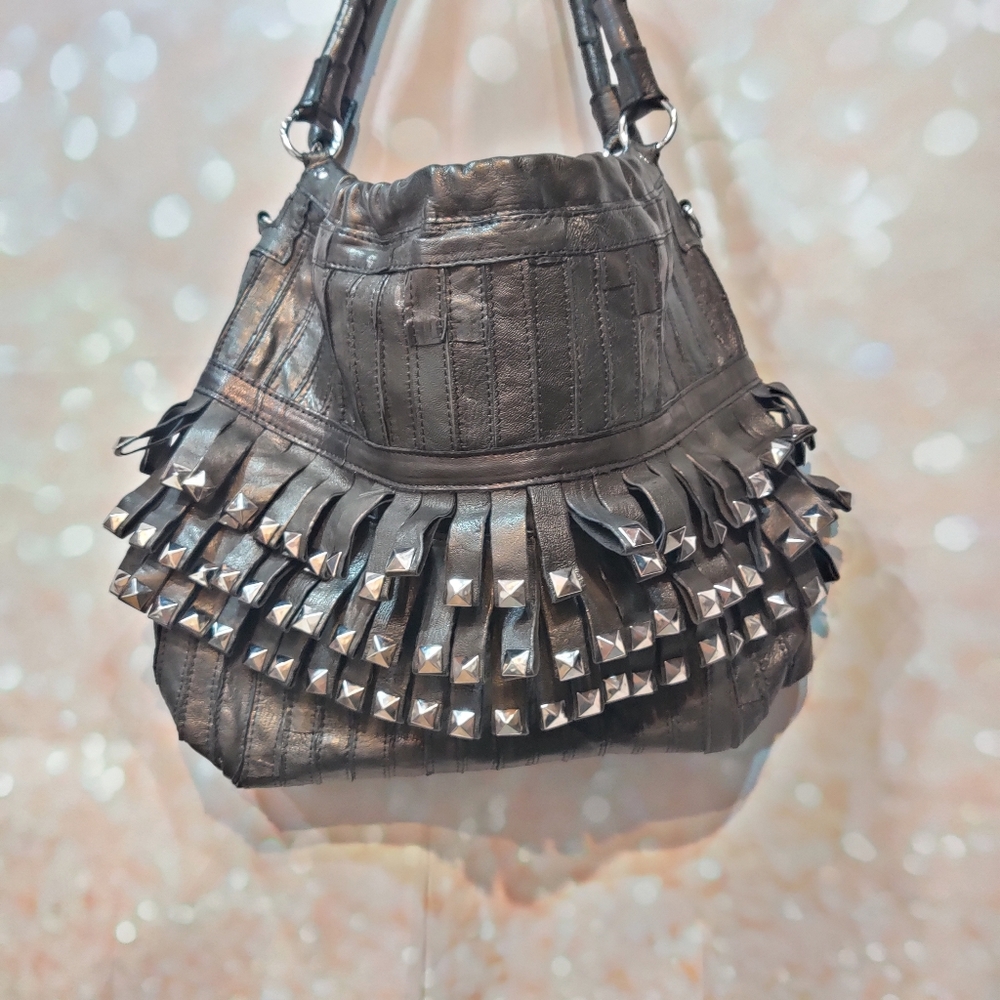 AmeriLeather Fringe Studded Leather Patchwork Hobo - Picture 3 of 8